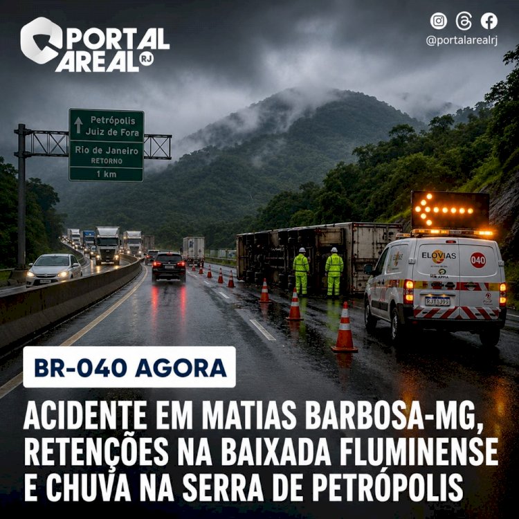 BR-040 agora | Acidente em Matias Barbosa-MG, retenções na baixada fluminense e chuva na serra de Petrópolis